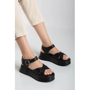 Sibna Siyah Cilt Kemerli Sandalet