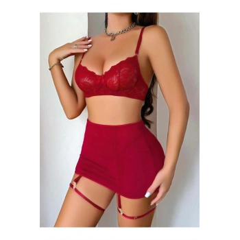 Transparan Kırmızı Dantel İşlemeli Fantezi Bacak Bantlı Etekli Jartiyer Takımı
