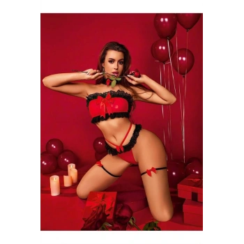 Transparan Siyah-Kırmızı Fantezi Bacak Bantlı Sütyen Külot Takımı