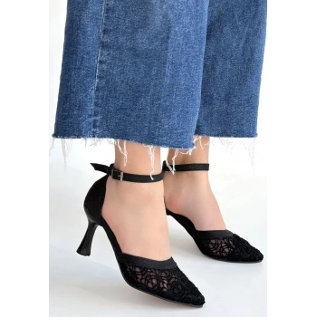 Weja Siyah Cilt Tül Detaylı Simli Topuklu Ayakkabı