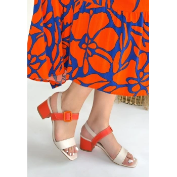 Year Bej Cilt Turuncu Detaylı Turuncu Topuklu Topuklu Ayakkabı