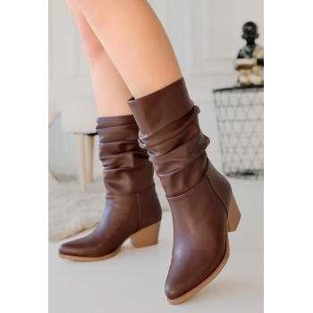 Yior Kahverengi Cilt Topuklu Bot