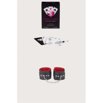 Sexy Görselli Oyun Kartı Kama Sutra Siyah Kırmızı Kelepçe Set