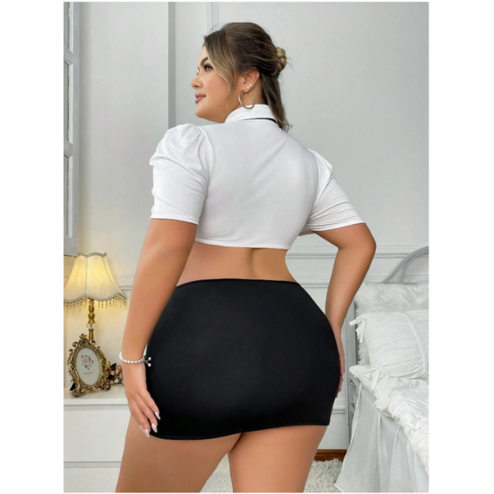 Büyük Beden Beyaz Bolerolu Mini Etekli Fantezi Havacı Kız Kostümü