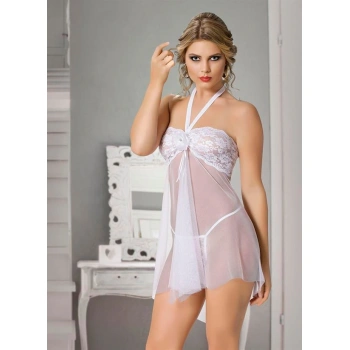 Beyaz Dantel İşlemeli Boyundan Bağlamalı Fantezi Tül Gecelik