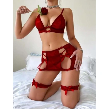 Bordo Dantelli Bacak Aksesuarlı Sütyen Takım