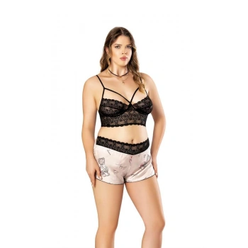 Büyük Beden Altı Şirin Desenli Üstü Dantel Fantezi Şortlu Saten Gecelik
