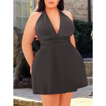 Büyük Beden Antrasit Boyundan Bağlamalı Mini Gecelik