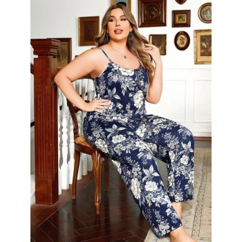 Büyük Beden Çiçek Desenli İnce Askılı Lacivert 2li Takım