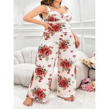 Büyük Beden Gül Desenli İnce Askılı Beyaz Salaş 2li Takım