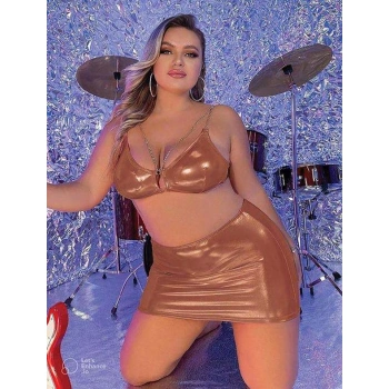 Büyük Beden Kahverengi Deri Zincir Aksesuarlı Etekli Fantezi Takım