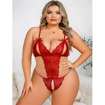 Büyük Beden Kırmızı Dantel İşlemeli Dekolteli Fantezi Babydoll