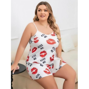 Büyük Beden Kiss Me Öpücük Desen Pamuklu Şortlu Pijama Takımı