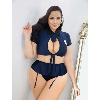 Büyük Beden Lacivert Göğüs Detay Büstiyerli Kravatlı Mini Etekli Fantezi Polis Kostümü