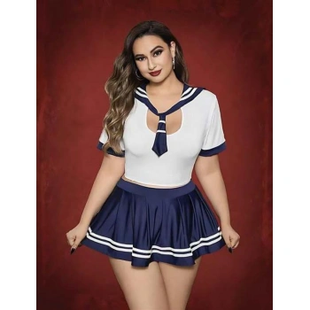 Büyük Beden Lacivert Mini Etekli Fantezi Denizci Kostümü