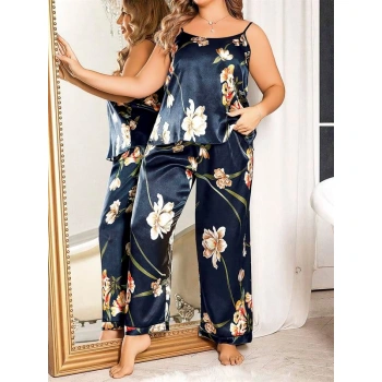 Büyük Beden Mavi Üstüne Çiçek Desenli İnce Askılı 2li Saten Pijama Takımı