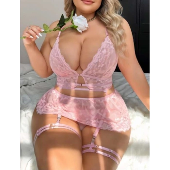 Büyük Beden Pembe Dantel İşlemeli Jartiyer Takımı