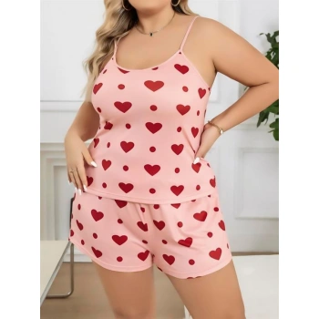 Büyük Beden Pembe Kalp Desen Pamuklu Şortlu Pijama Takımı