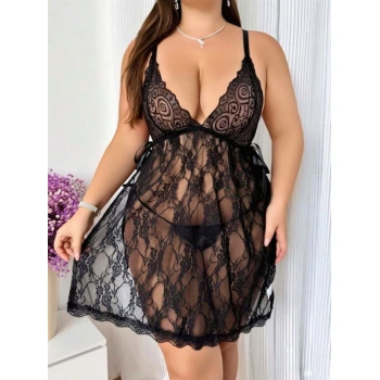 Büyük Beden Siyah Dantel İşlemeli Fantezi Tül Gecelik