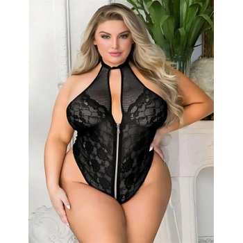 Büyük Beden Siyah Dantel İşlemeli Fermuarlı Fantezi Babydoll