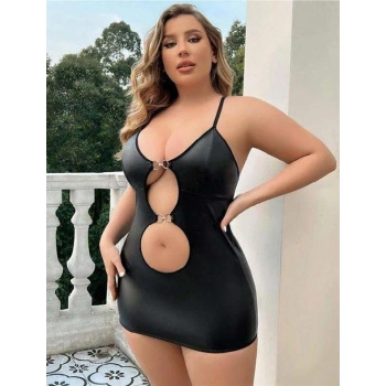 Büyük Beden Siyah Deri Metal Aksesuarlı Fantezi Elbise