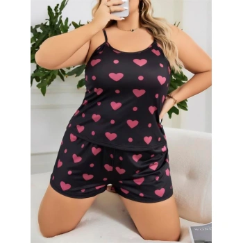 Büyük Beden Siyah Kalp Desen İnce Askılı Pamuklu Şortlu Pijama Takımı