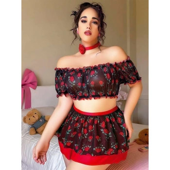 Büyük Beden Siyah Üstüne Gül Desenli Fantezi Etekli Büstiyer Takımı