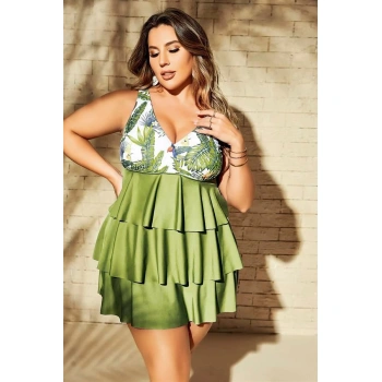 Büyük Beden Yeşil Fırfırlı Yaprak Desenli Kalın Askılı Gecelik