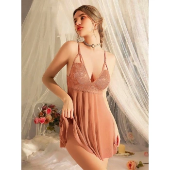 Dantel İşlemeli Tül Transparan Kahverengi Fantezi Gecelik