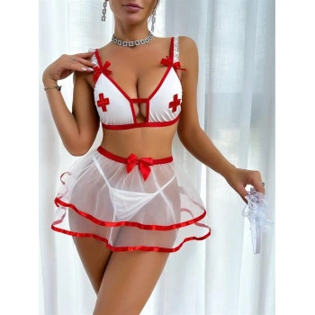 Fantezi Beyaz Tül Etekli Seksi Hemşire Kostümü