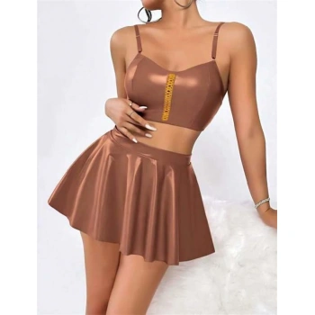 Kahverengi Etekli Fantezi Deri Şık Elbise