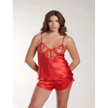 Kırmızı Dantel Detaylı İnce Askılı Saten Şortlu Takım