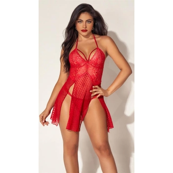 Kırmızı Dantelli Boyundan Askılı Göğüs Detay Gecelik Takımı