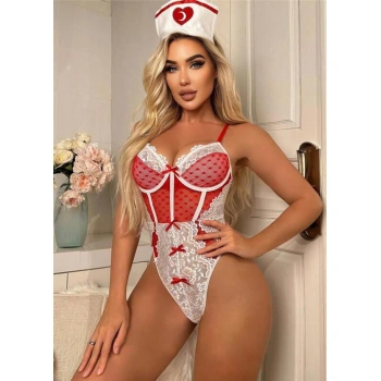 Kırmızı Fantezi Body Hemşire Kostümü