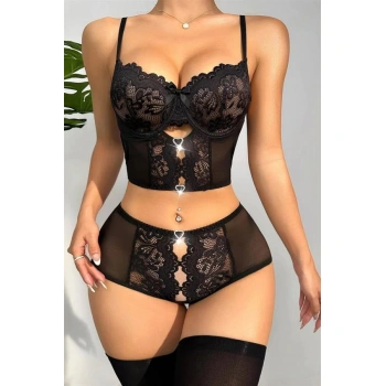 Özel Bölgesi Açık Siyah Dantelli Fantezi Büstiyer Takım