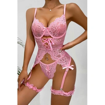 Özel Tasarım Dantelli Fantezi Pembe Jartiyer Takımı