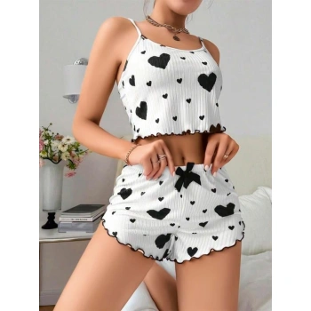 Pamuklu Beyaz Üstüne Siyah Kalp Desen Fitilli Askılı Şortlu Pijama Takımı