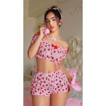 Pembe Çilek Desenli Şortlu Fantezi Sütyen Takımı