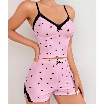 Pembe Kalp Desenli Askılı Şortlu Pijama Takım