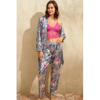 Saten Çiçek Baskılı Sabahlık Balensiz Desteksiz Dolgusuz Dantelli Bralet Sütyen ve Pantolon Pijama 3lü Takım