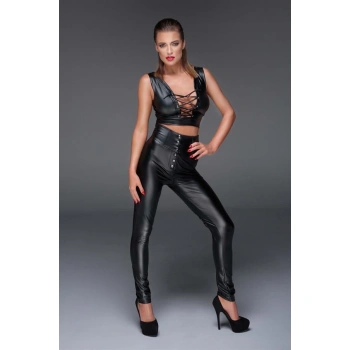 Siyah Dekolteli Fantezi Deri Tulum