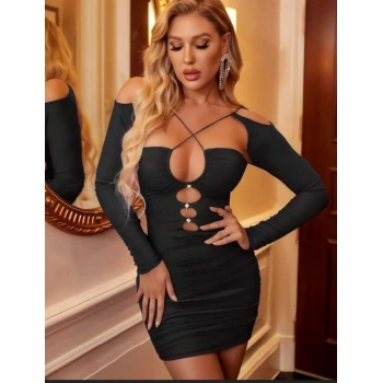 Siyah Göğüs Dekolteli İp Detaylı Mini Club Elbisesi