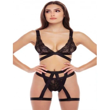 Siyah İp Aksesuarlı Fantezi Jartiyer Takım