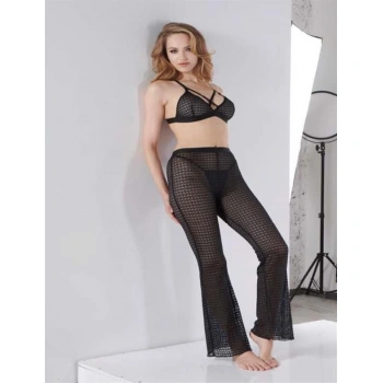 Siyah Transparan Göğüs İp Detaylı Fantezi Sütyen Pijama Takımı