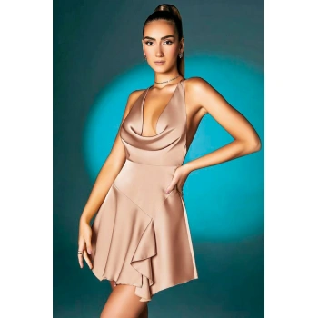 Somon Askılı Degajeli Fantezi Mini Elbise