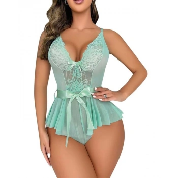 Yeşil Dantel İşlemeli Kurdelalı Fantezi Tül Babydoll