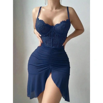 Arias Closet Özel Tasarım Lacivert Dantel İşlemeli Korse Görünümlü Önden Büzgülü Fantezi Tül Gecelik