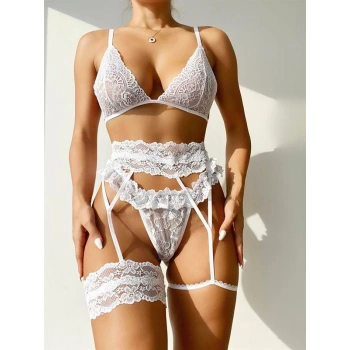 Beyaz Dantel Bacak Bantlı Jartiyerli Sütyen Külot Takımı