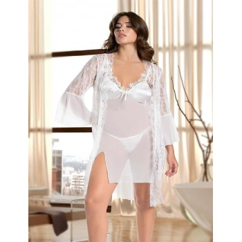 Beyaz Transparan Dantel İşlemeli Tül Yırtmaçlı 2li Gecelik Takımı