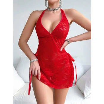 Kırmızı Dantel İşlemeli Yandan Bağlamalı Fantezi Tül Gecelik